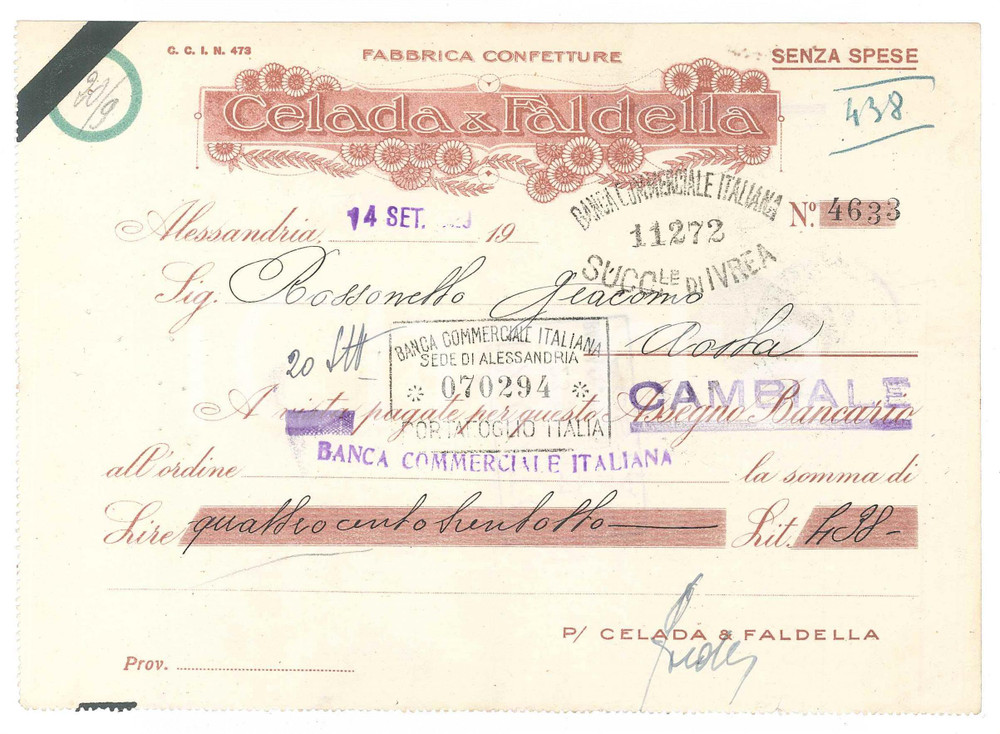 1929 ALESSANDRIA - CELADA & FALDELLA Confetture - Cambiale pubblicitaria