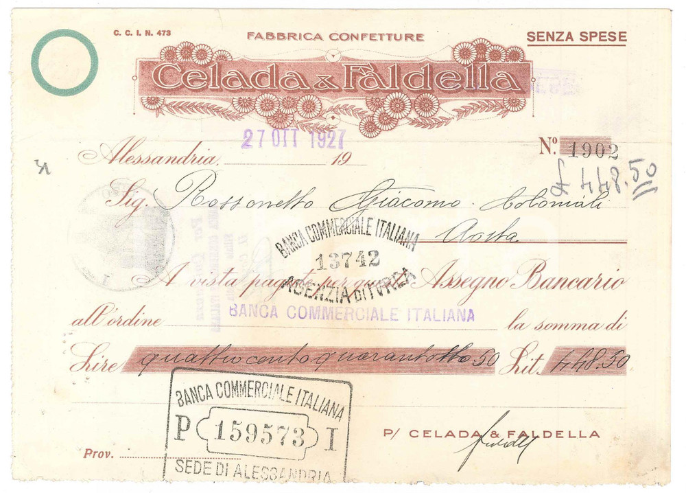 1927 ALESSANDRIA - CELADA & FALDELLA Confetture - Cambiale pubblicitaria
