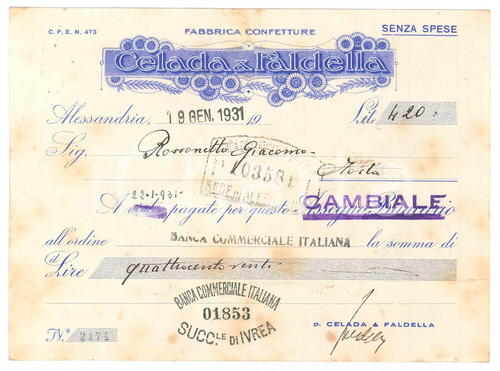1931 ALESSANDRIA - CELADA & FALDELLA Confetture - Cambiale pubblicitaria