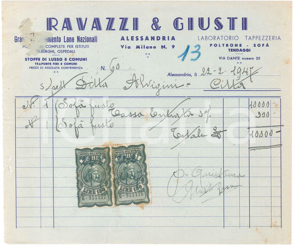 1947 ALESSANDRIA - RAVAZZI & GIUSTI Laboratorio tappezzeria - Fattura per sofà