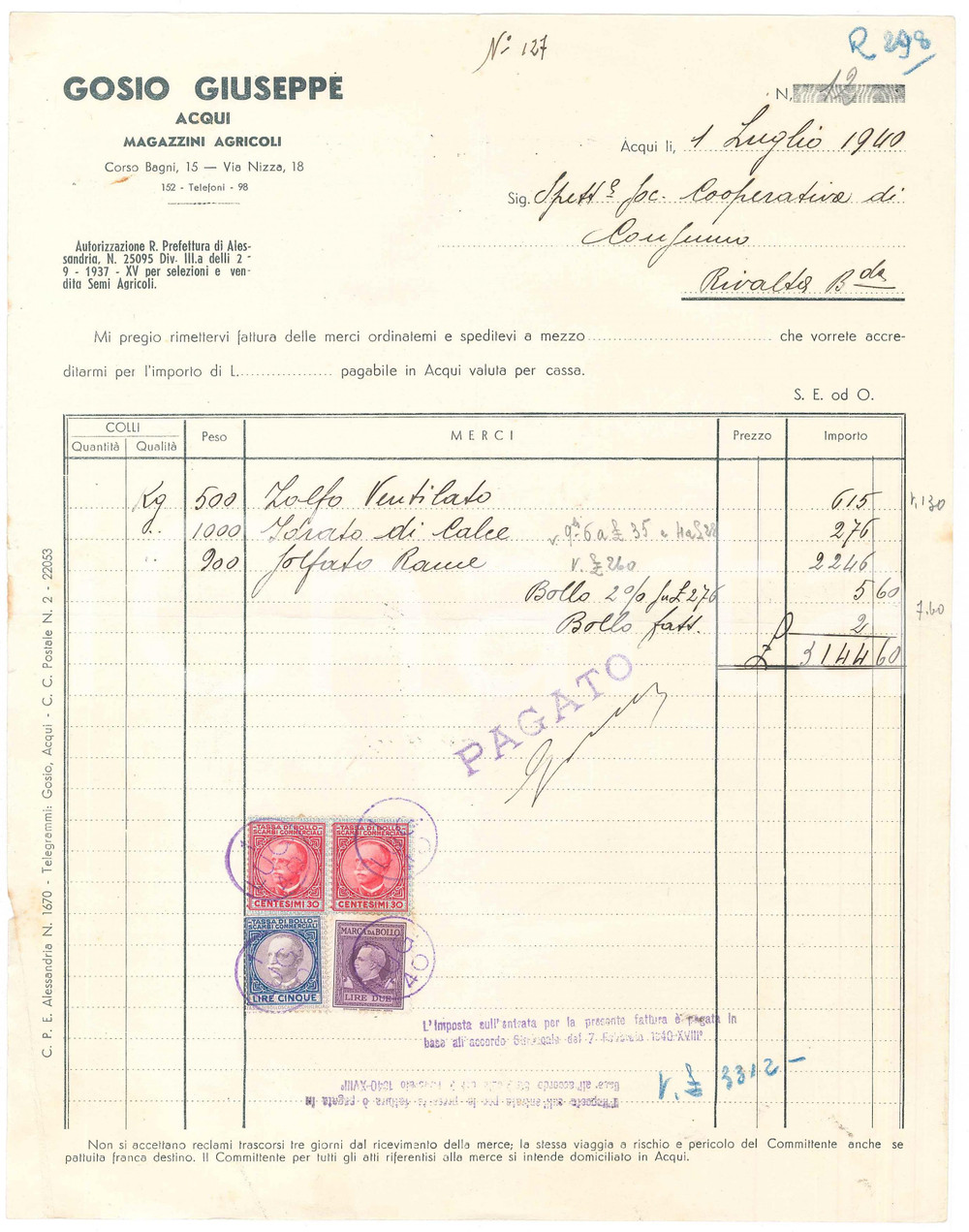 1940 ACQUI TERME (AL) Giuseppe GOSIO Magazzini agricoli *Fattura commerciale (2)