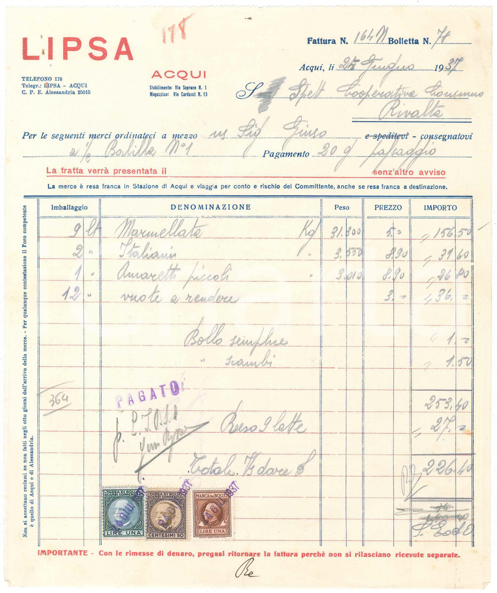 1937 ACQUI TERME (AL) - LIPSA - Fattura commerciale per marmellata e amaretti