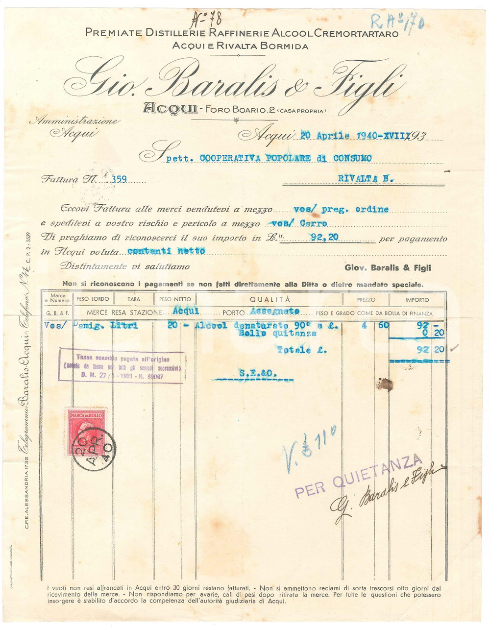 1940 ACQUI TERME (AL) - Gio. BARALIS & Figli Premiate distillerie - Fattura (1)