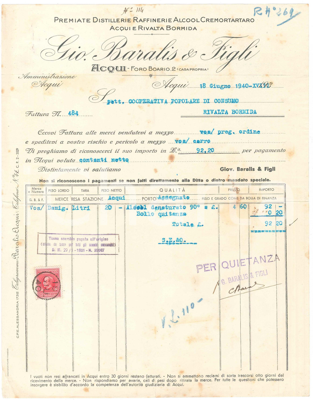 1940 ACQUI TERME (AL) - Gio. BARALIS & Figli Premiate distillerie - Fattura (2)