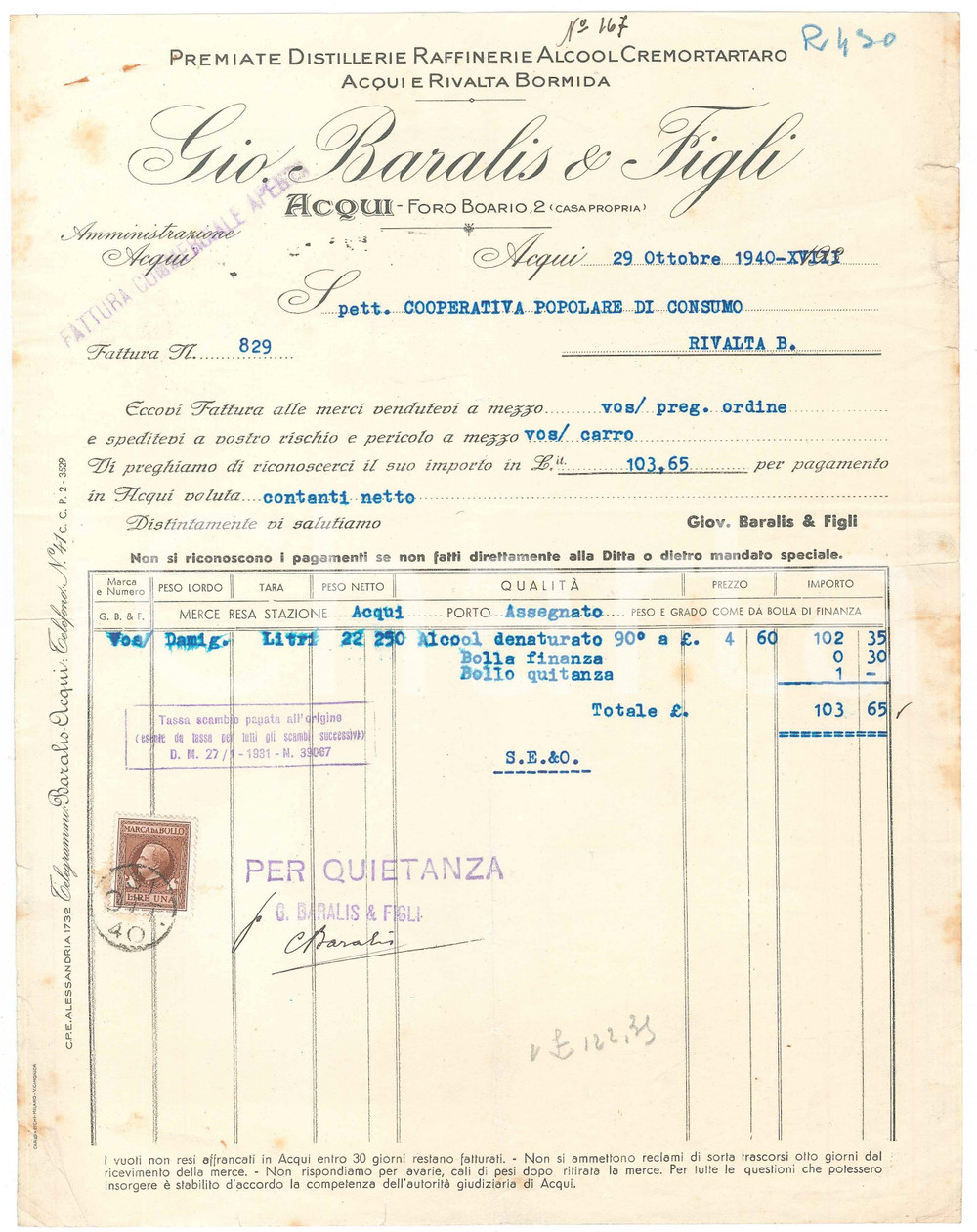 1940 ACQUI TERME (AL) - Gio. BARALIS & Figli Premiate distillerie - Fattura (3)