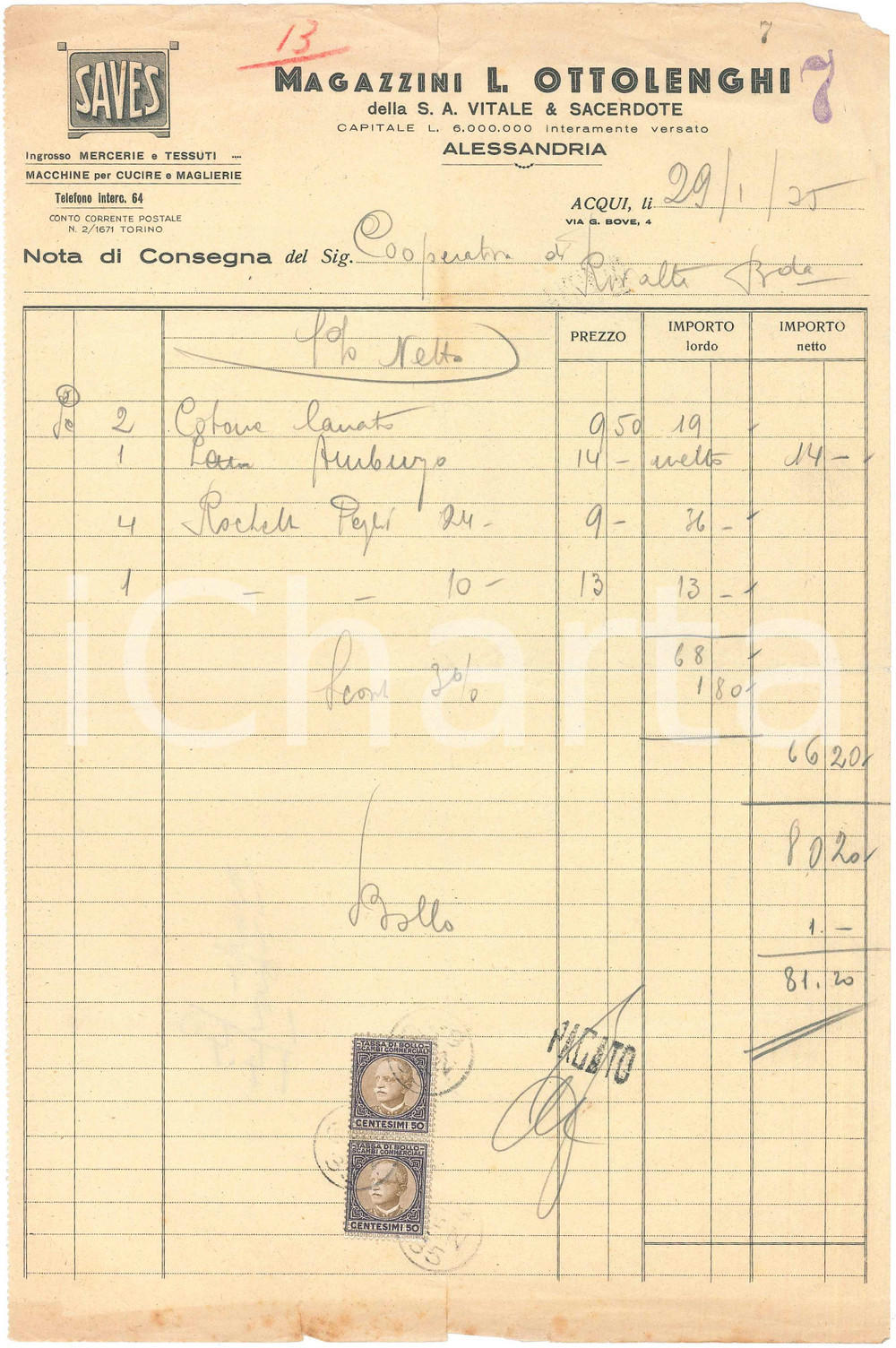 1935 ALESSANDRIA - L. OTTOLENGHI Magazzini Mercerie e Tessuti - Nota di consegna
