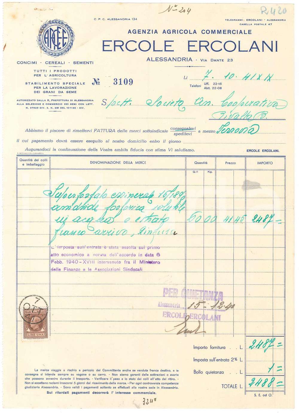 1941 ALESSANDRIA - Ercole ERCOLANI Agenzia Agricola Commerciale - Fattura (2)