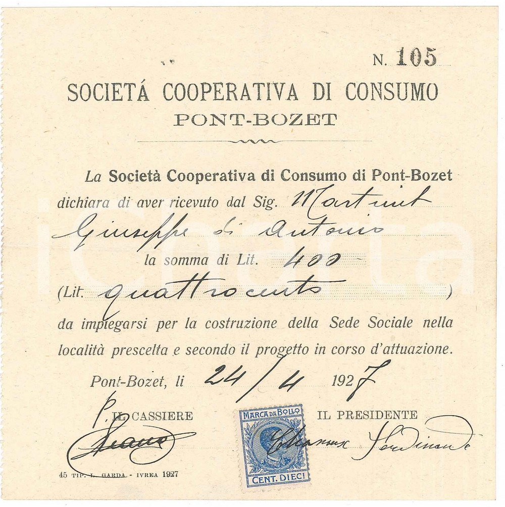 1927 PONTBOSET (AO) - Società Cooperativa di Consumo - Ricevuta di pagamento (1)