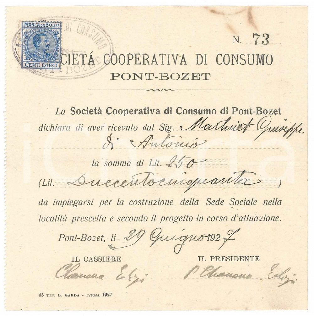 1927 PONTBOSET (AO) - Società Cooperativa di Consumo - Ricevuta di pagamento (2)