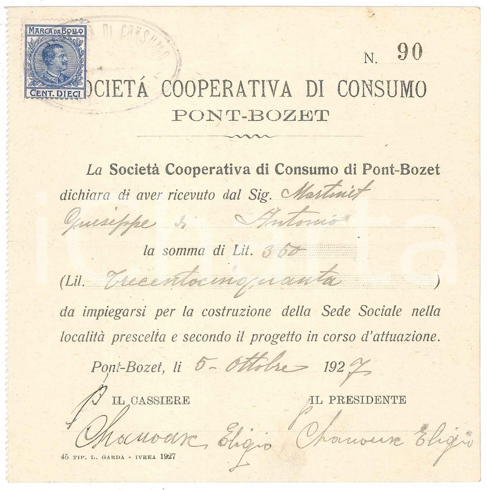 1927 PONTBOSET (AO) - Società Cooperativa di Consumo - Ricevuta di pagamento (3)