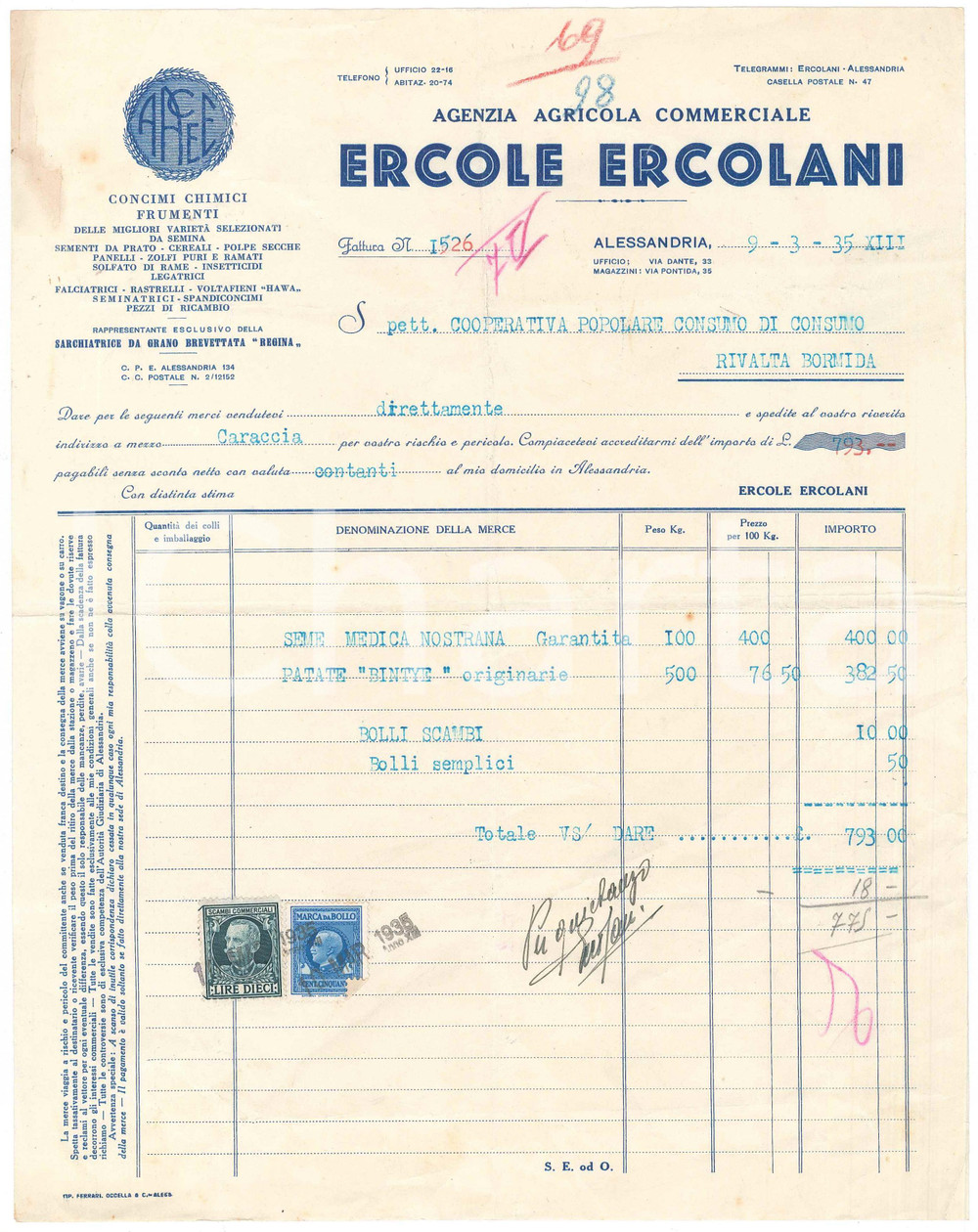 1935 ALESSANDRIA - Ercole ERCOLANI Agenzia Agricola Commerciale - Fattura