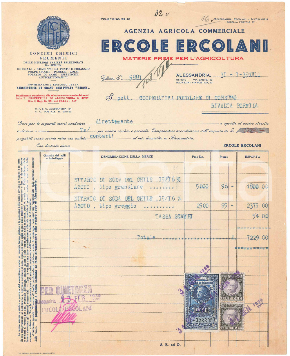 1939 ALESSANDRIA - Ercole ERCOLANI Agenzia Agricola Commerciale - Fattura (2)