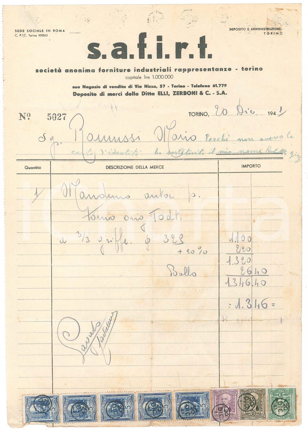 1941 TORINO Via Nizza 57 - SAFIRT Società Anonima Forniture Industriali *Fattura