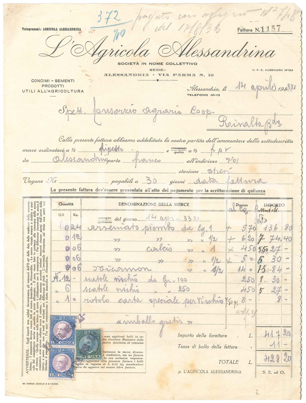 1933 ALESSANDRIA Via Parma 10-13 L'Agricola Alessandrina - Fattura commerciale