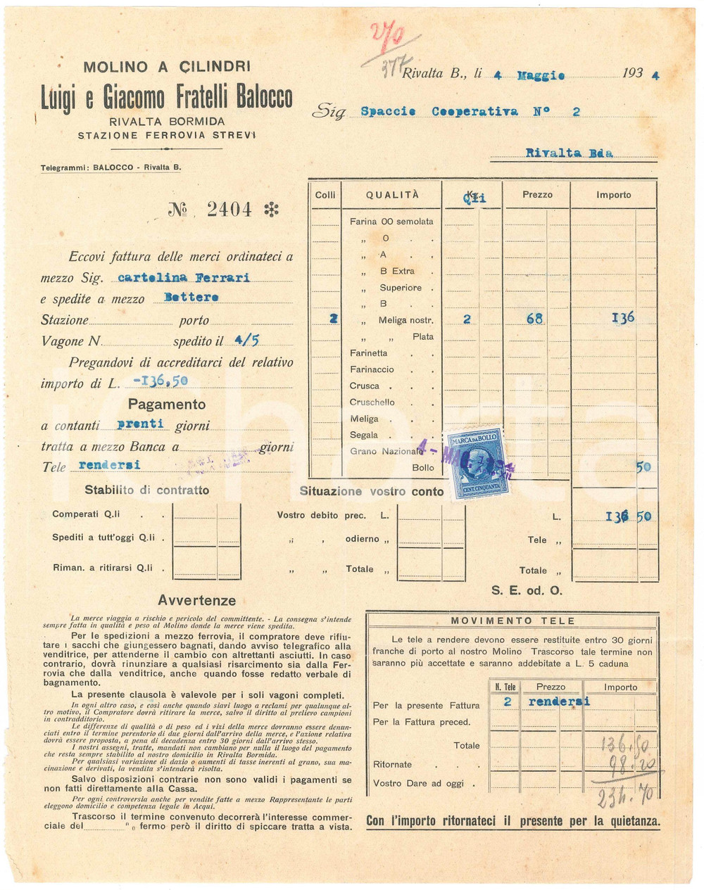 1934 RIVALTA BORMIDA (AL) Luigi e Giacomo Fratelli BALOCCO Molino - Fattura (1)