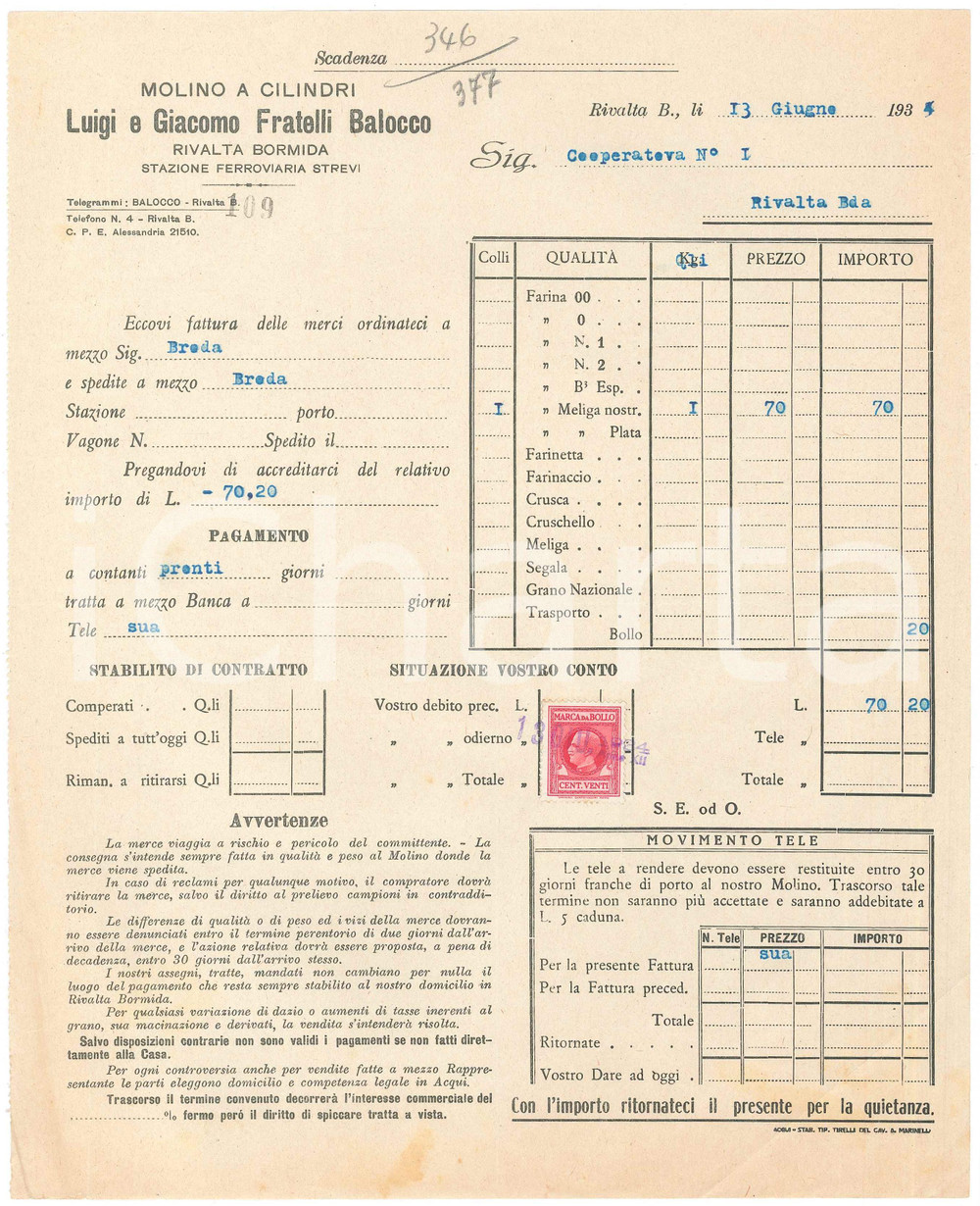 1934 RIVALTA BORMIDA (AL) Luigi e Giacomo Fratelli BALOCCO Molino - Fattura (4)