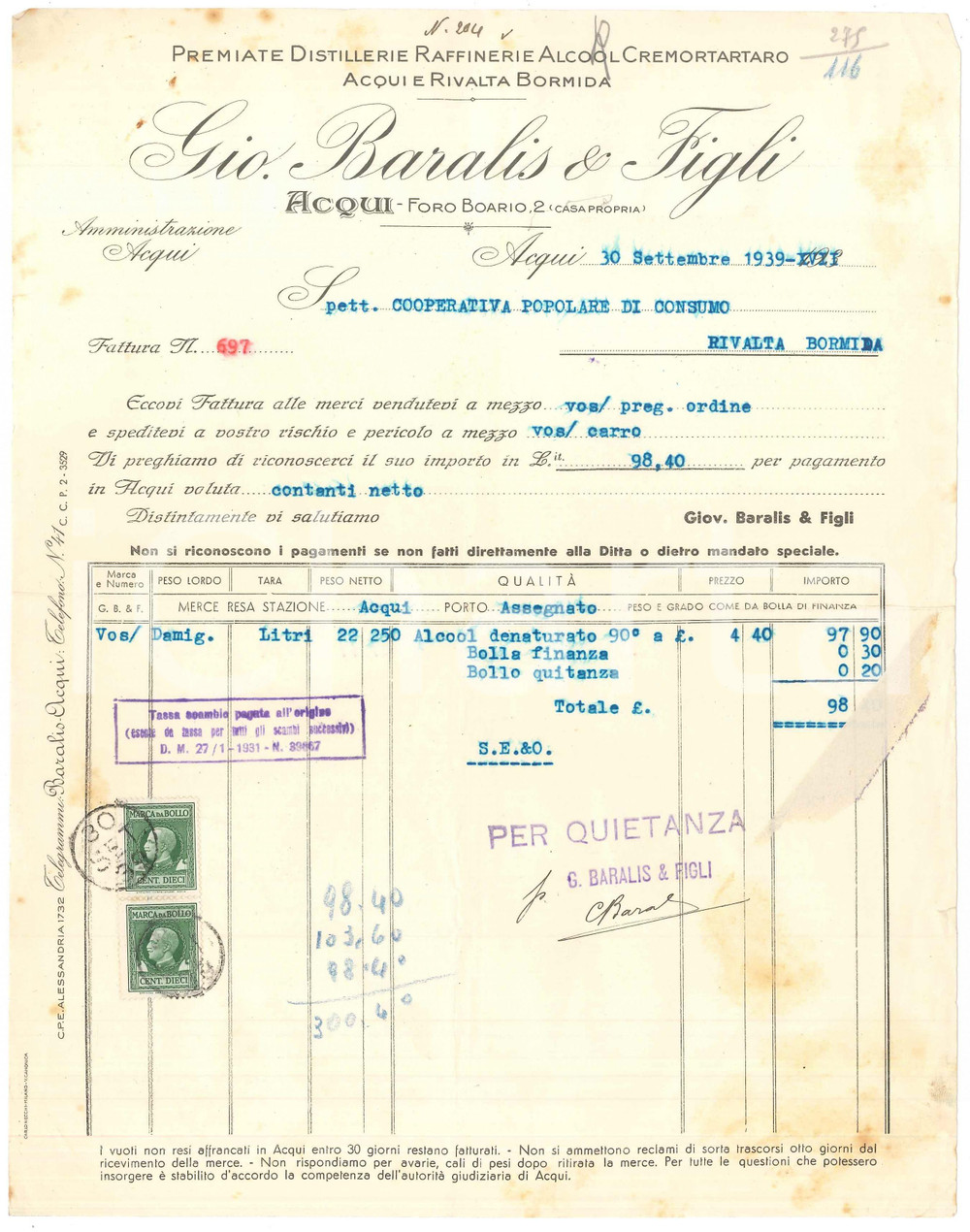 1939 ACQUI TERME (AL) - Gio. BARALIS & Figli Premiate distillerie - Fattura