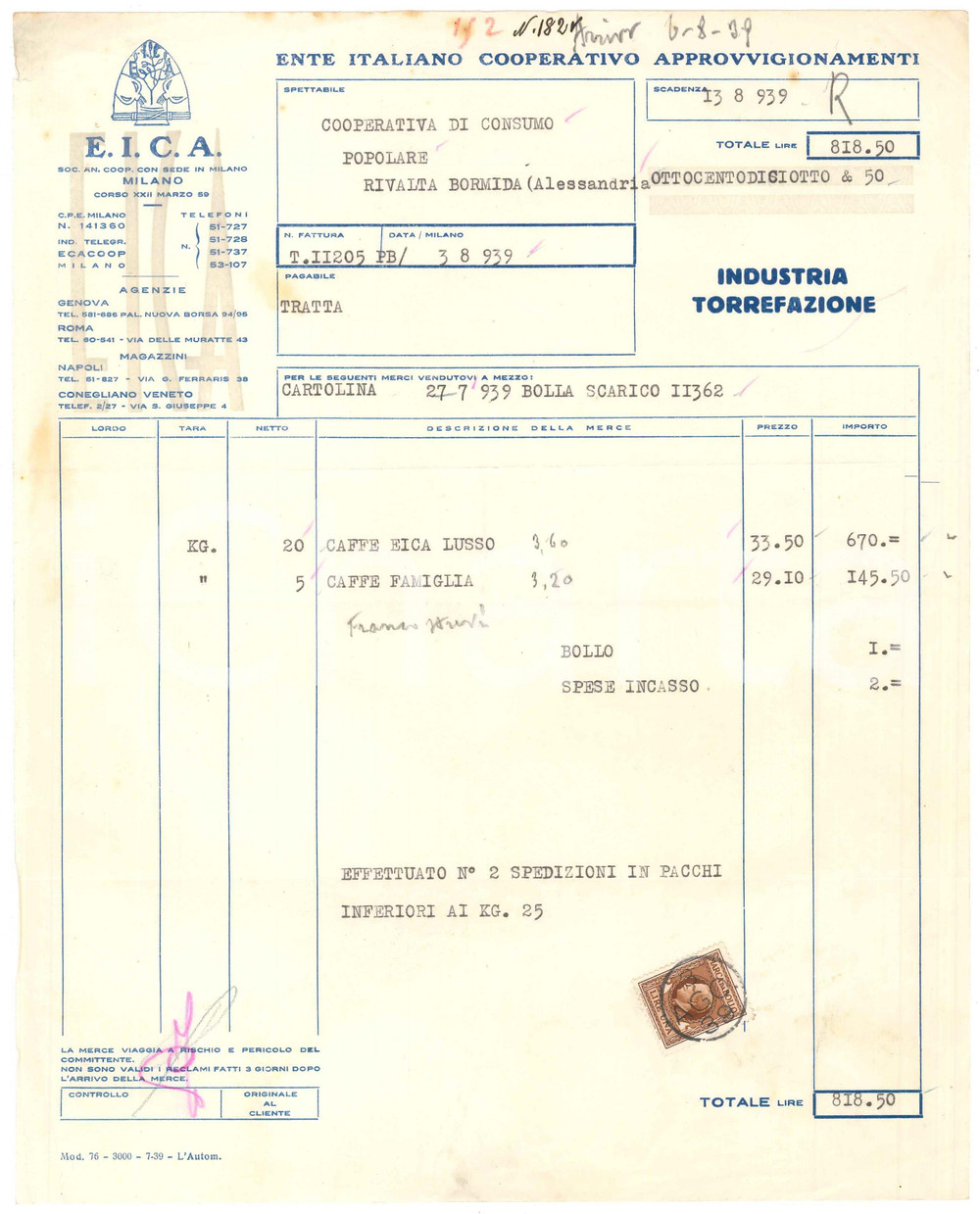1939 MILANO Corso XXII Marzo - EICA Ente Cooperativo Approvvigionamenti *Fattura