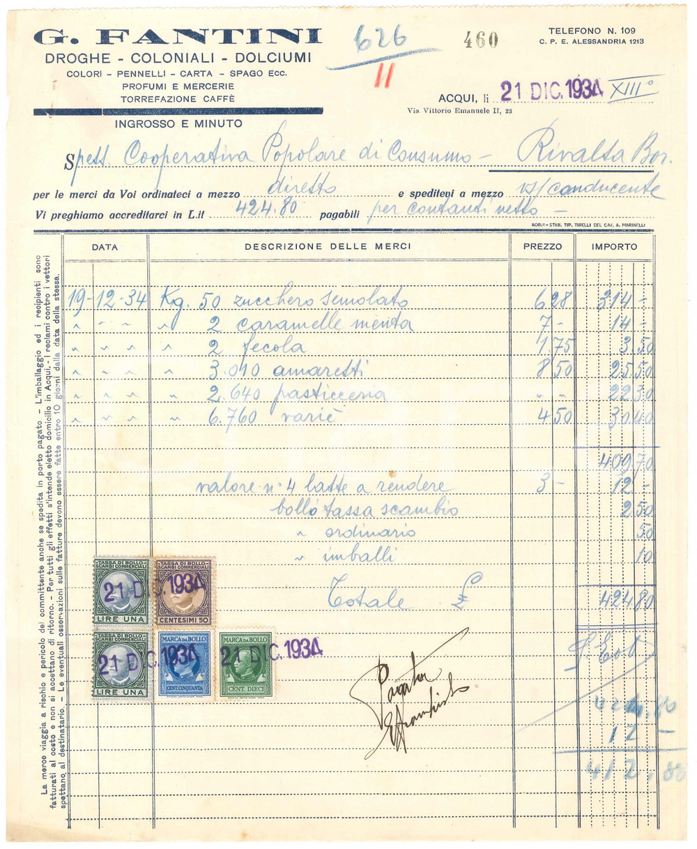 1934 ACQUI TERME (AL) G. FANTINI Droghe Coloniali Dolciumi - Fattura commerciale