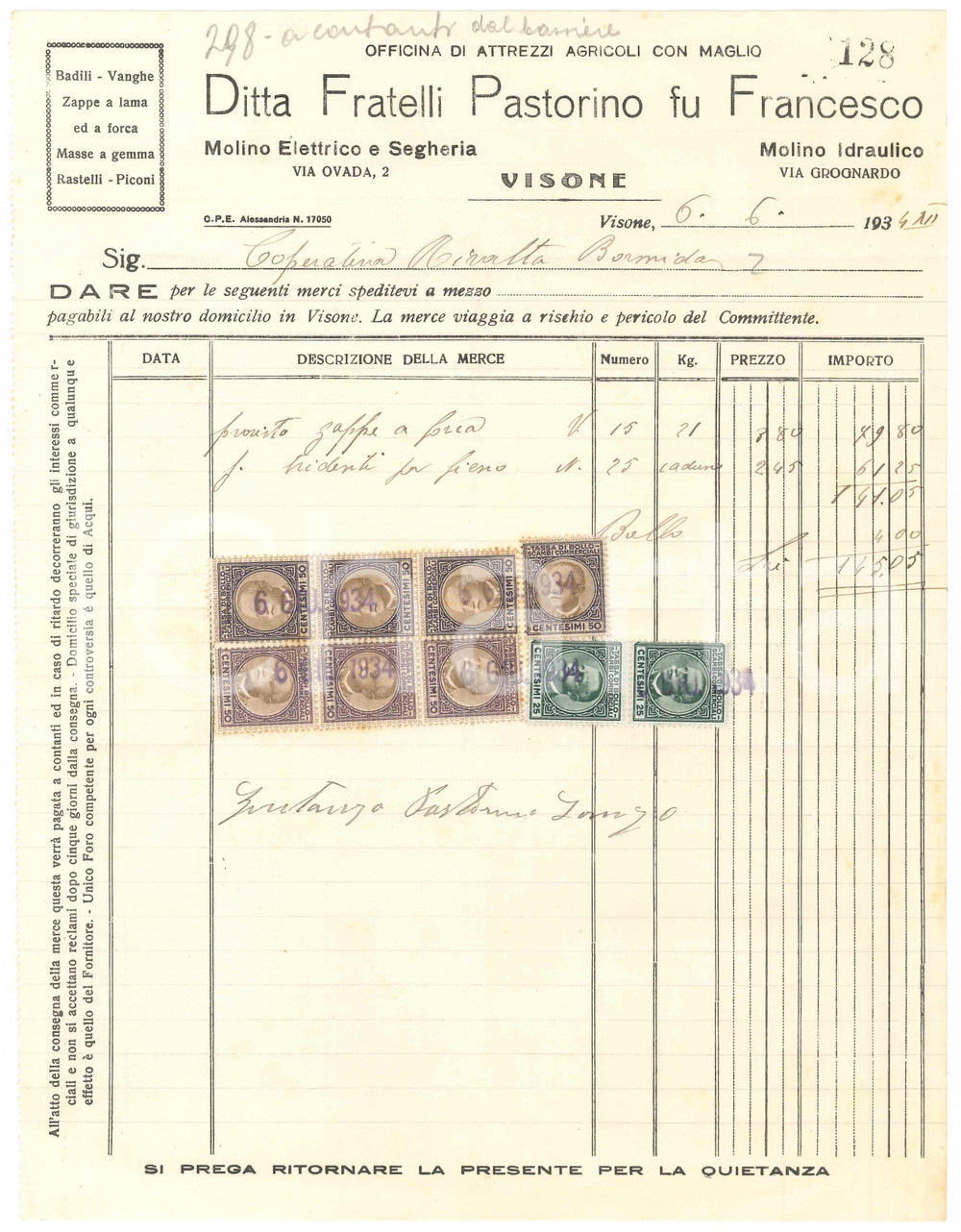 1934 VISONE (AL) Fratelli PASTORINO fu Francesco Attrezzi agricoli - Fattura (1)
