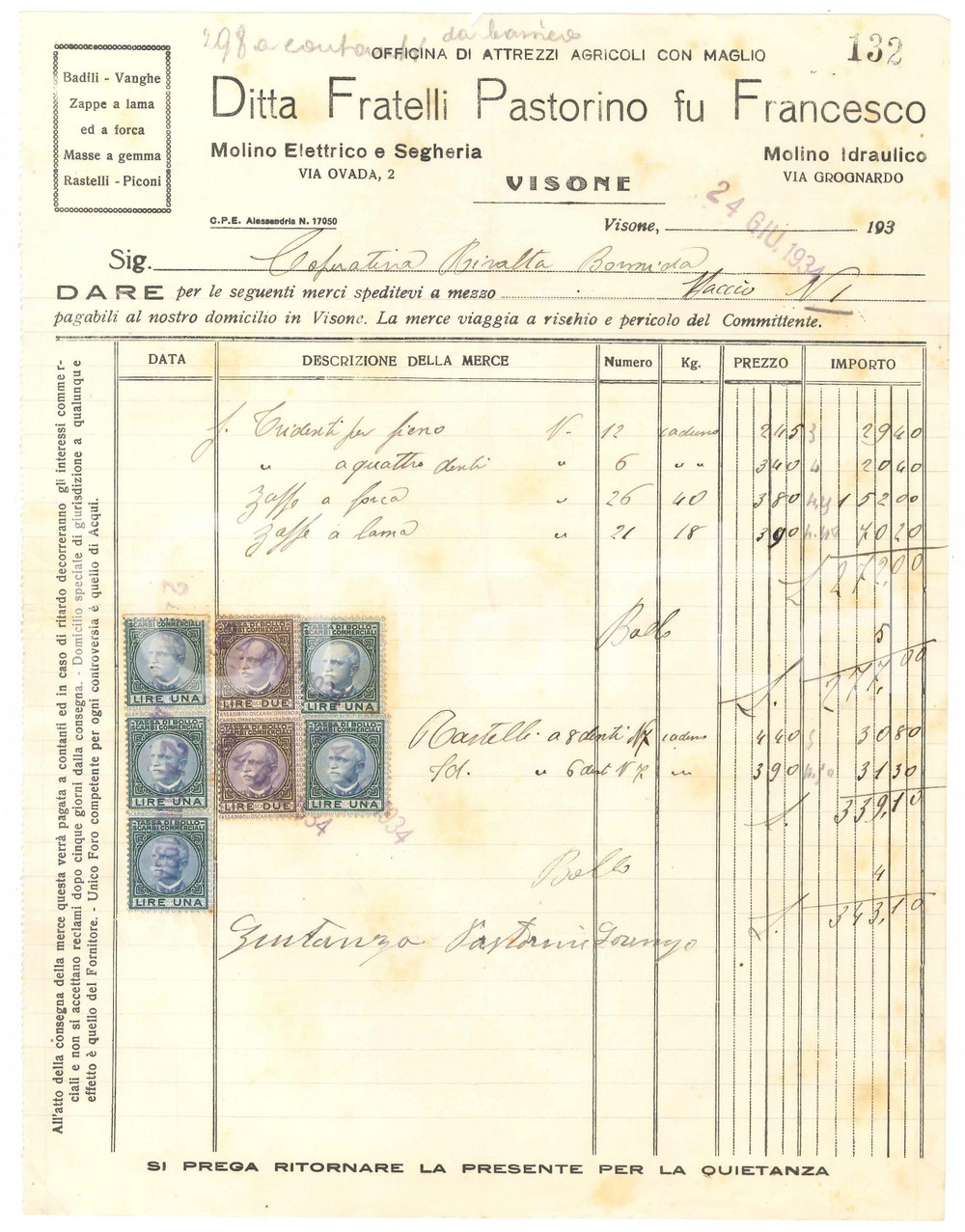 1934 VISONE (AL) Fratelli PASTORINO fu Francesco Attrezzi agricoli - Fattura (2)