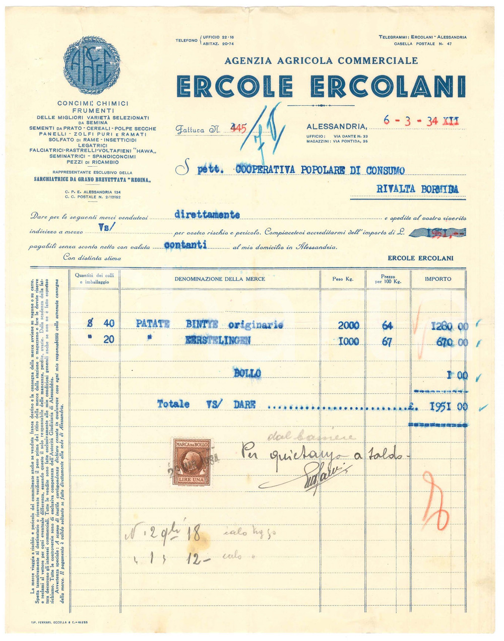 1934 ALESSANDRIA - Ercole ERCOLANI Agenzia Agricola Commerciale - Fattura