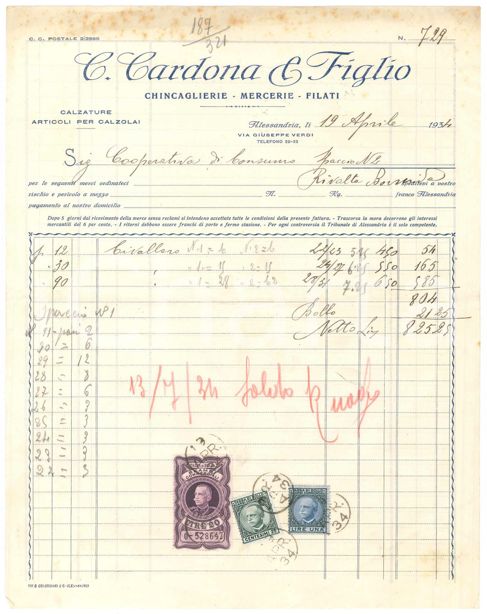 1934 ALESSANDRIA - C. CARDONA & Figlio Chincaglierie Mercerie Filati - Fattura