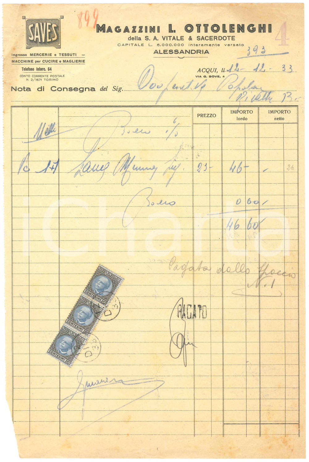 1933 ALESSANDRIA - L. OTTOLENGHI Magazzini Mercerie e Tessuti - Nota di consegna