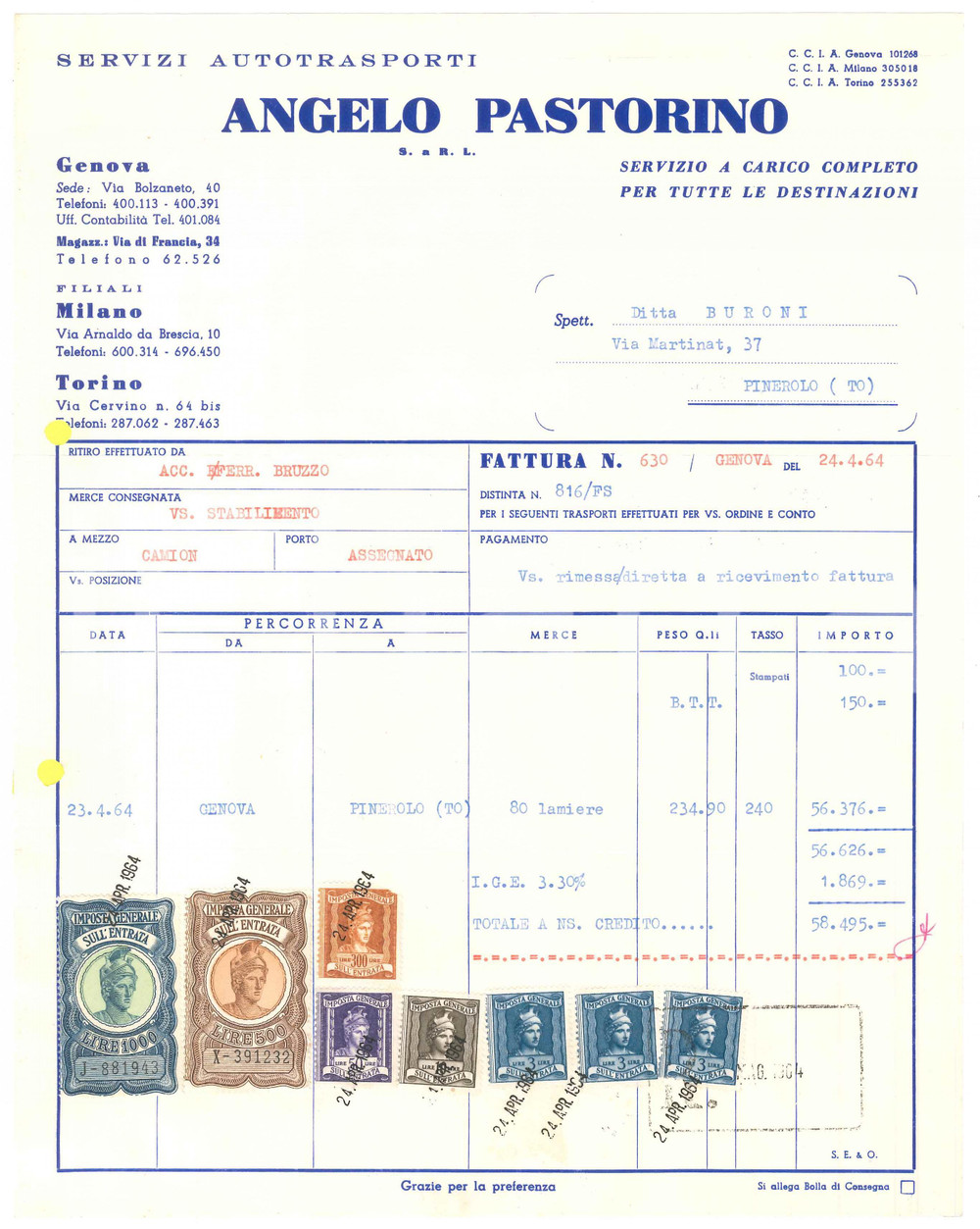 1964 GENOVA Via Bolzaneto 40 Angelo PASTORINO Servizi Autotrasporti *Fattura (2)