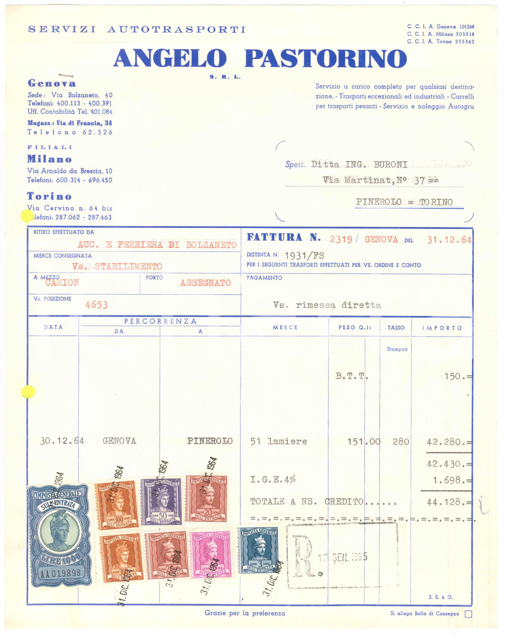 1964 GENOVA Via Bolzaneto 40 Angelo PASTORINO Servizi Autotrasporti *Fattura (3)