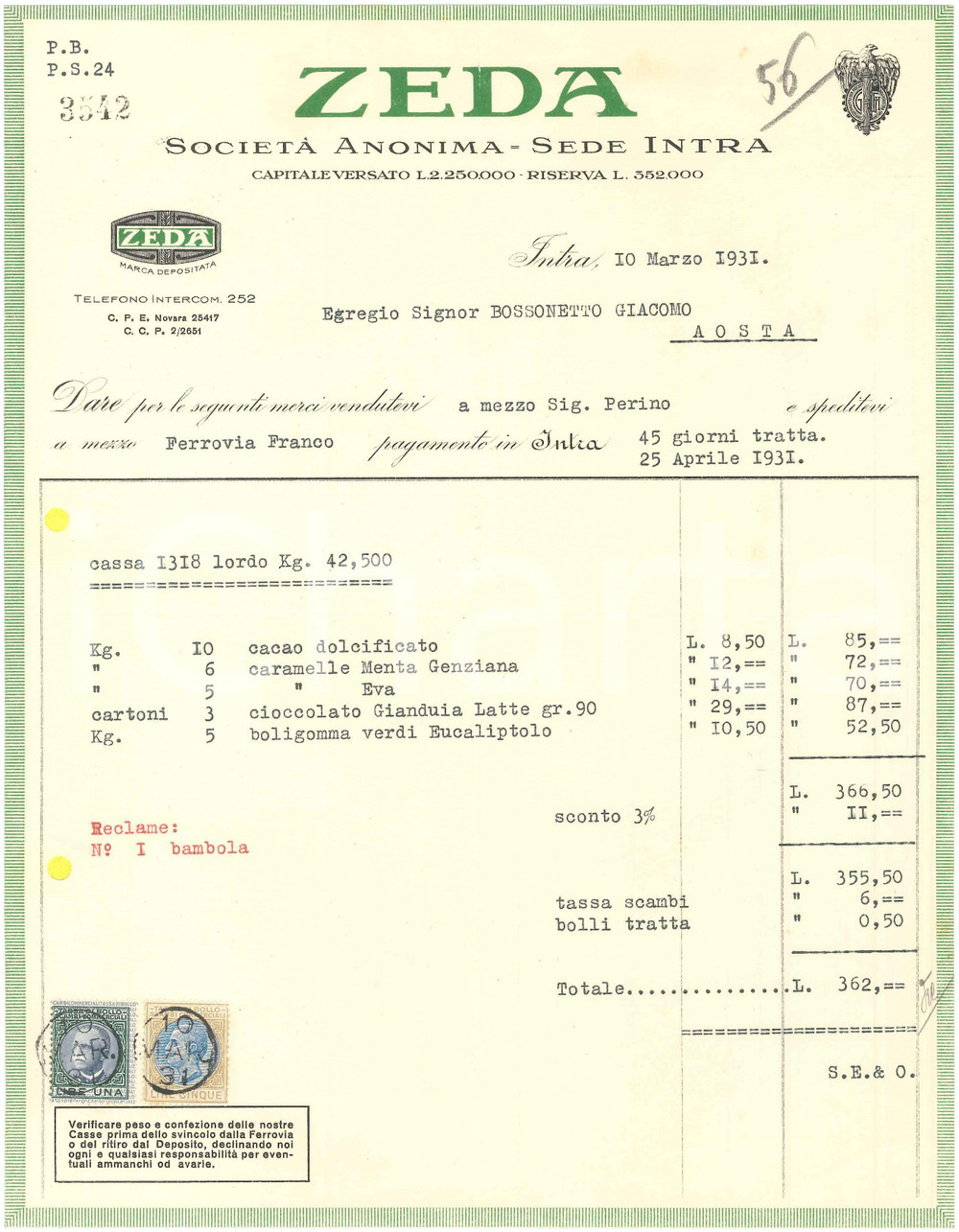 1931 VERBANIA INTRA - Società Anonima ZEDA Industria dolciaria - Fattura (1)