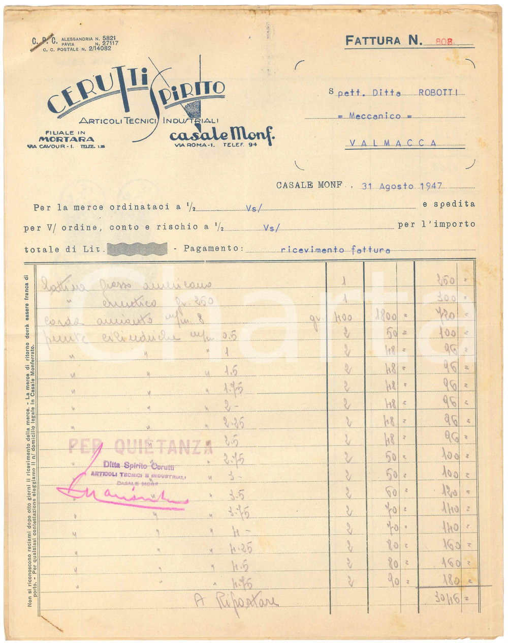 1947 CASALE MONFERRATO - Spirito CERUTTI Articoli Tecnici Industriali - Fattura