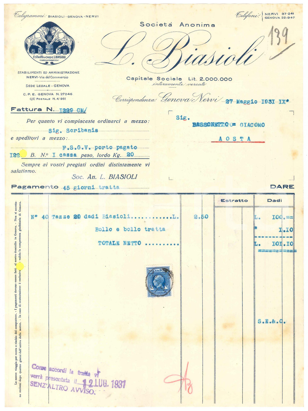 1931 GENOVA NERVI - Società Anonima L. BIASIOLI Estratto di carne - Fattura