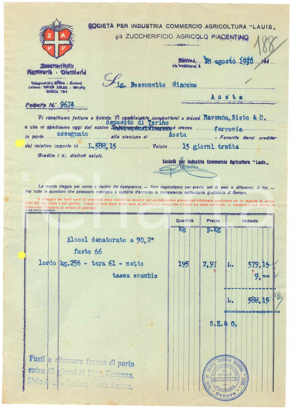 1930 GENOVA - Società per Industria Commercio Agricoltura "LAUIS" - Fattura
