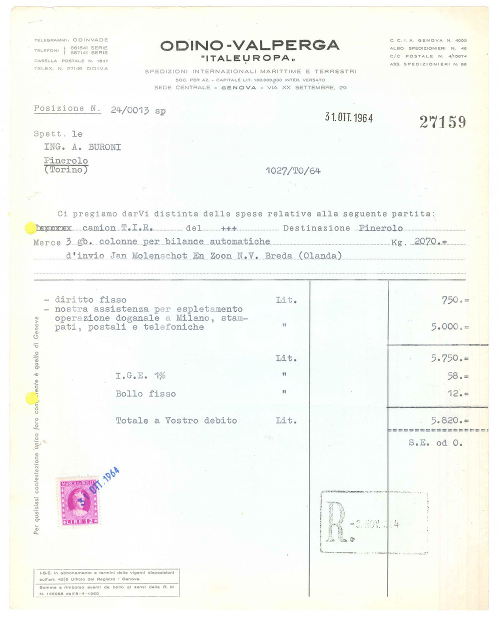 Documento originale, autentico 1964 GENOVA via XX Settembre ODINOVALPERGA ITALEUROPA Spedizioni Fattura 1 1