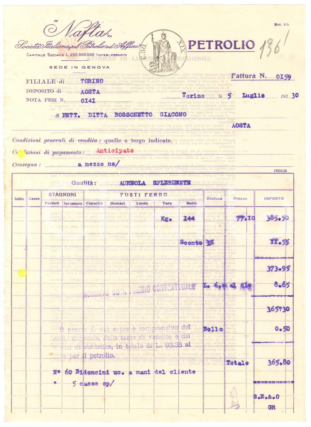 1930 GENOVA NAFTA Società Italiana pel Petrolio ed Affini - Fattura petrolio (2)