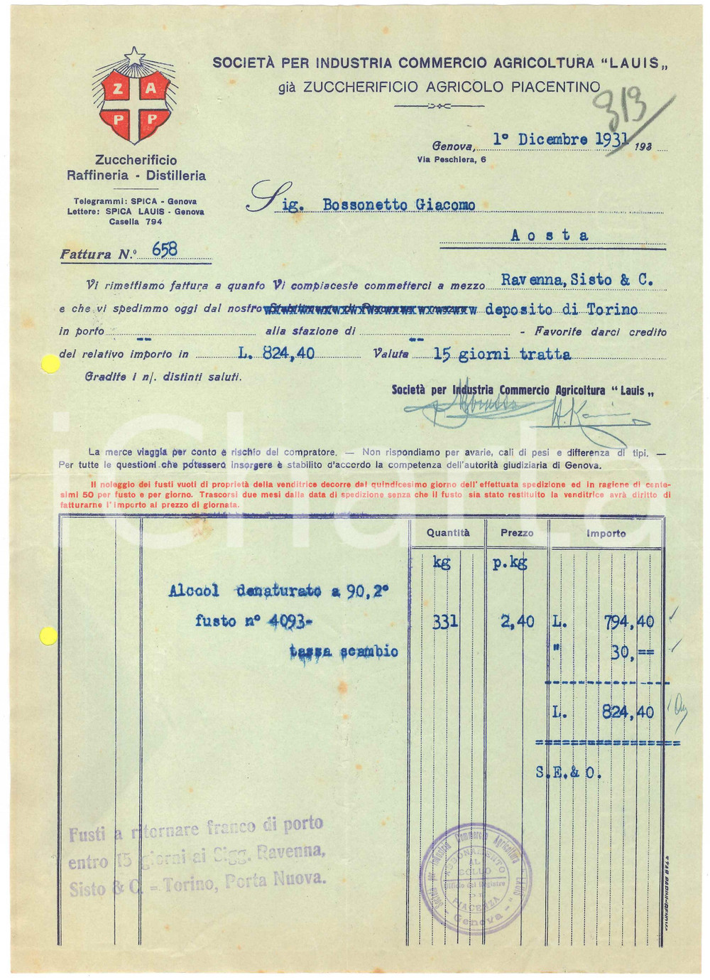 1931 GENOVA - Società per Industria Commercio Agricoltura "LAUIS" - Fattura (1)