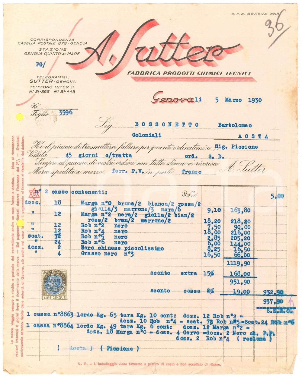 1930 GENOVA - A. SUTTER Fabbrica prodotti chimici tecnici - Fattura commerciale