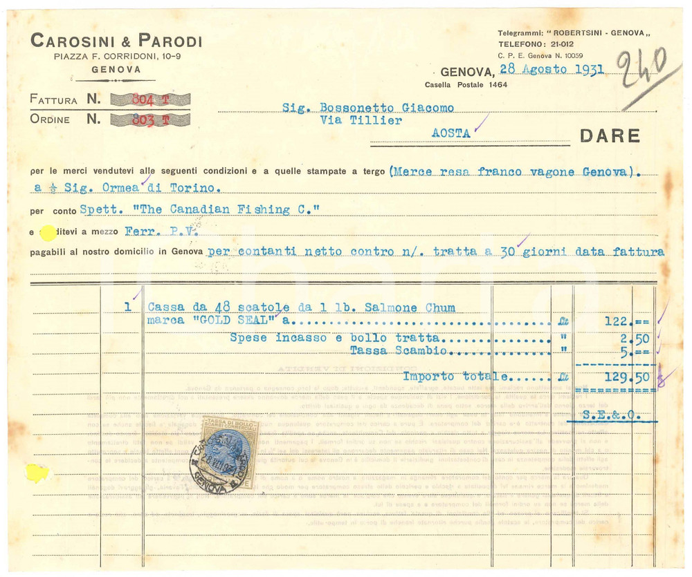 1931 GENOVA P.zza F. Corridoni CAROSINI & PARODI - Fattura per salmone GOLD SEAL