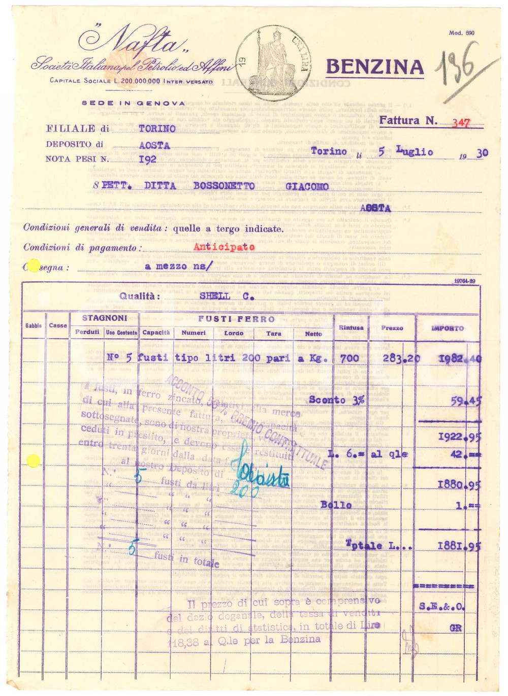 1930 GENOVA - NAFTA Società Italiana pel Petrolio ed Affini *Fattura benzina (1)