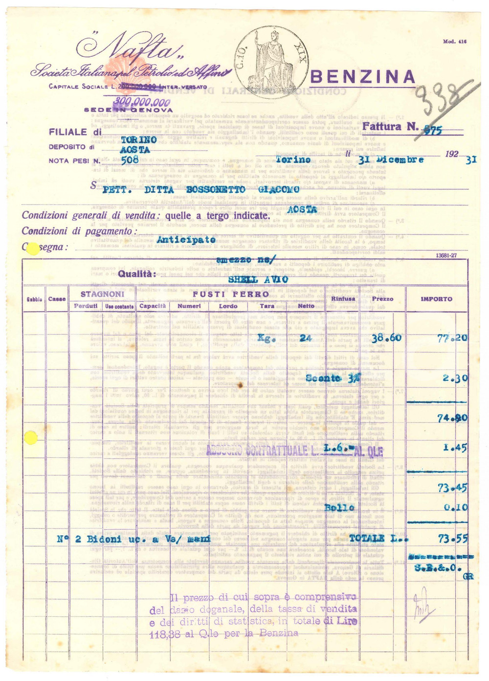 1931 GENOVA - NAFTA Società Italiana pel Petrolio ed Affini *Fattura benzina (1)