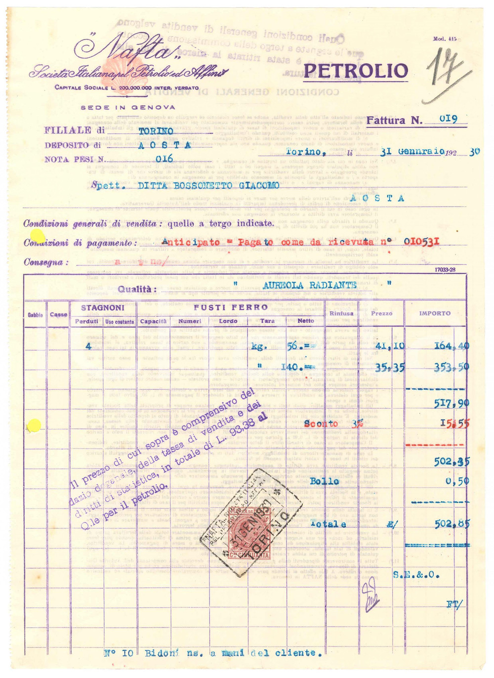 1930 GENOVA NAFTA Società Italiana pel Petrolio ed Affini - Fattura petrolio (1)