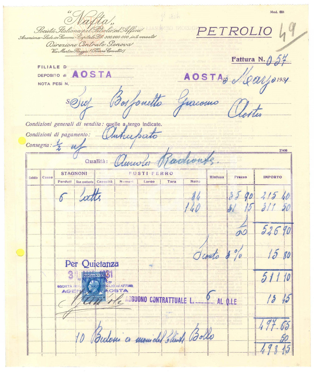 1931 GENOVA NAFTA Società Italiana pel Petrolio ed Affini - Fattura per petrolio