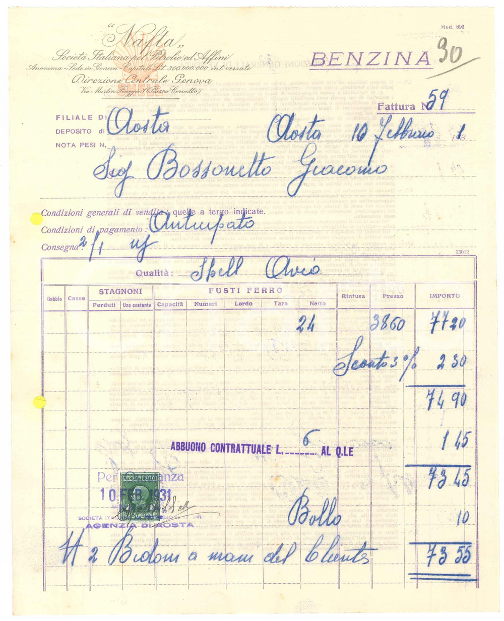 1931 GENOVA - NAFTA Società Italiana pel Petrolio ed Affini *Fattura benzina (3)