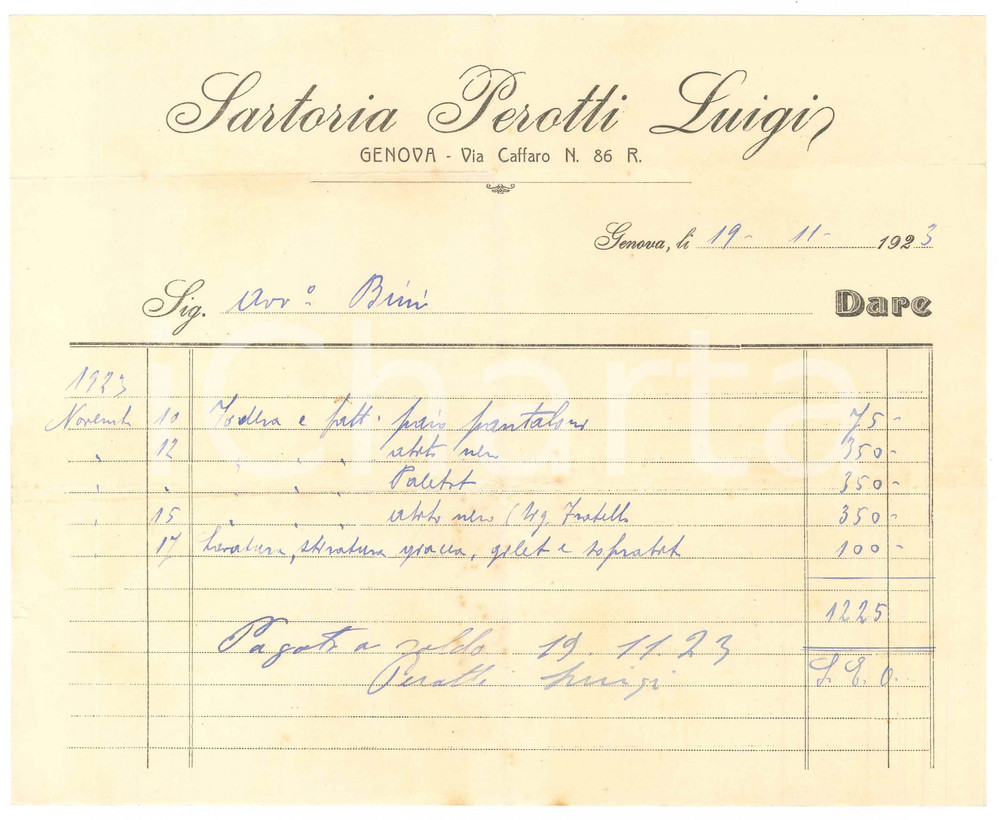 1923 GENOVA Via Caffaro 86 - Luigi PEROTTI Sartoria - Fattura commerciale