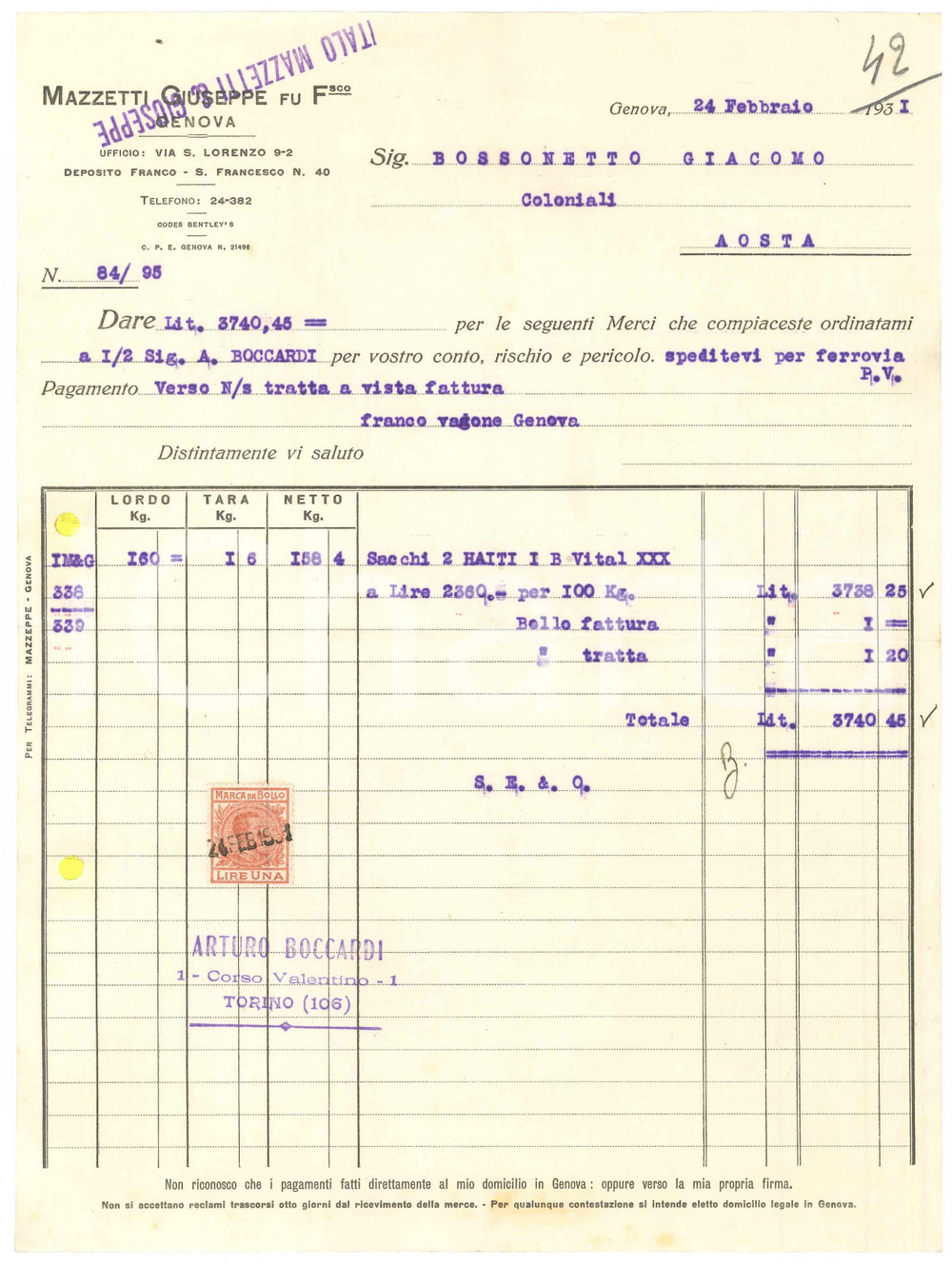 1931 GENOVA Via S. Lorenzo 9-2 - Giuseppe MAZZETTI Fu Francesco - Fattura (1)