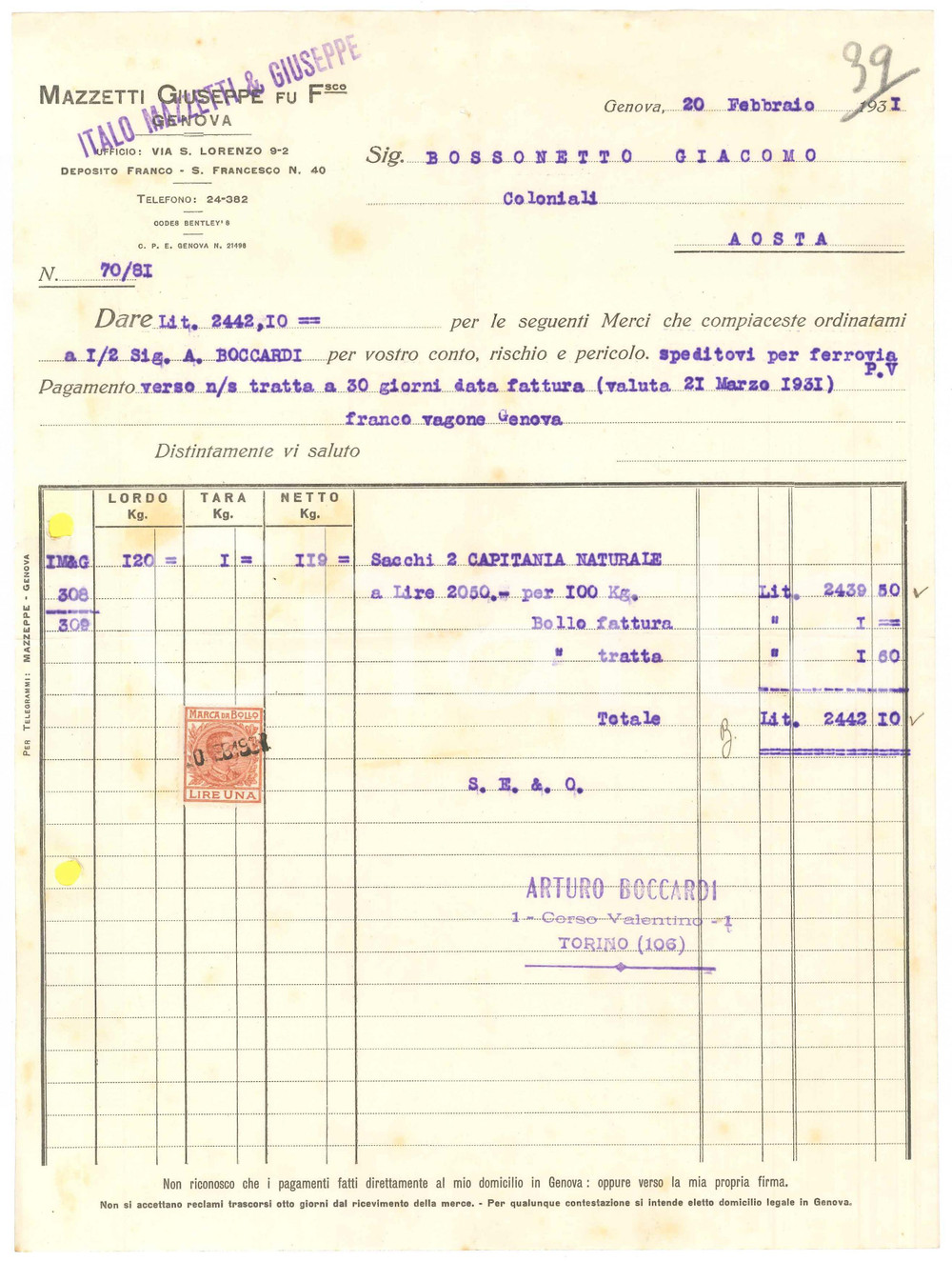 1931 GENOVA Via S. Lorenzo 9-2 - Giuseppe MAZZETTI Fu Francesco - Fattura (2)
