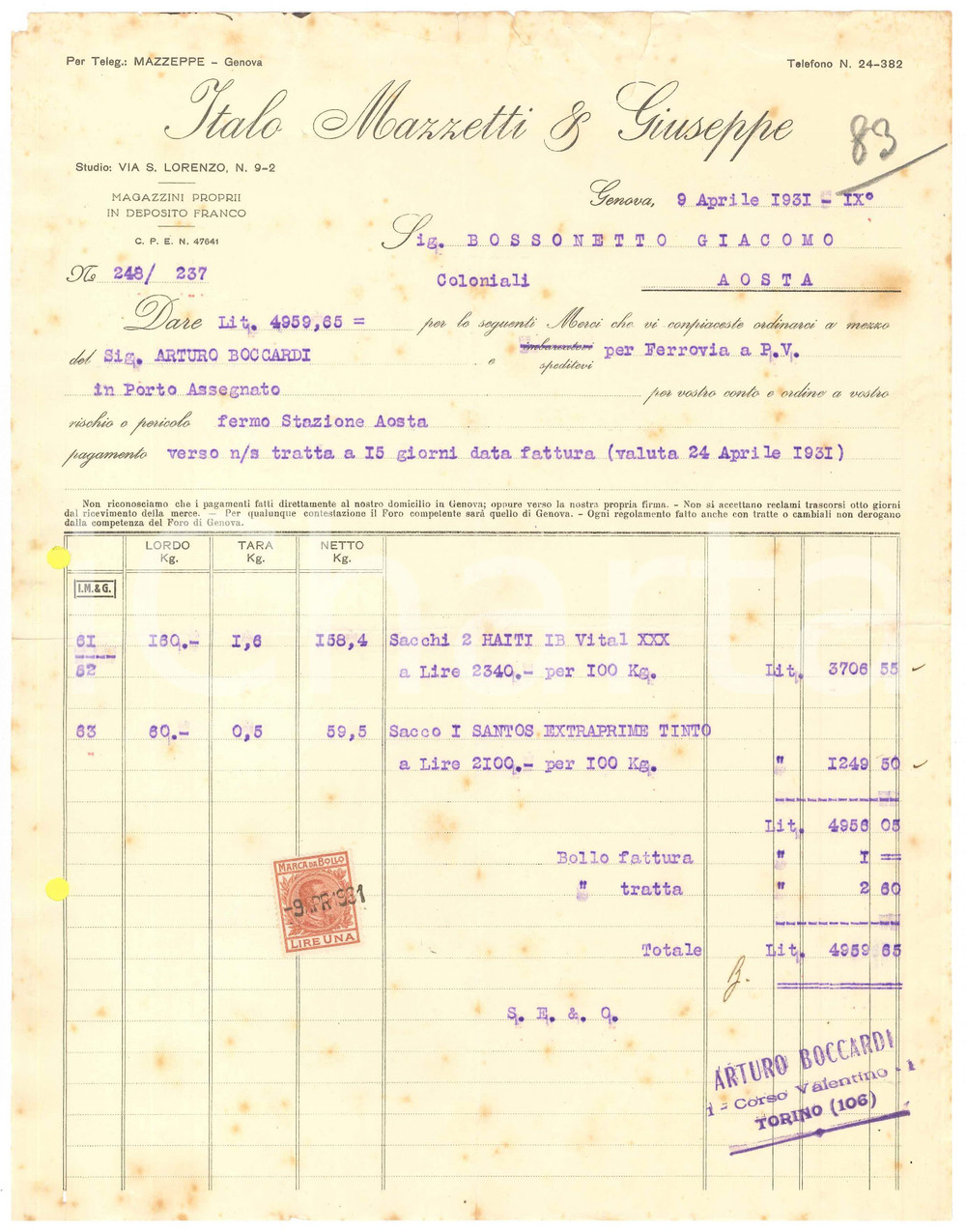 1931 GENOVA Via S. Lorenzo 9-2 - Italo MAZZETTI & Giuseppe - Fattura (3)