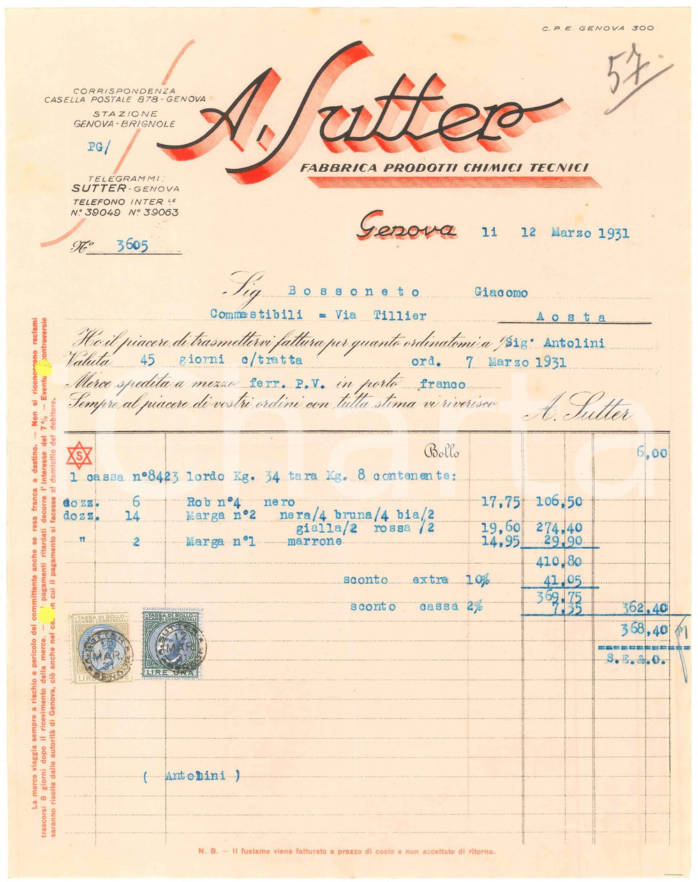 1931 GENOVA - A. SUTTER Fabbrica prodotti chimici tecnici - Fattura (2)