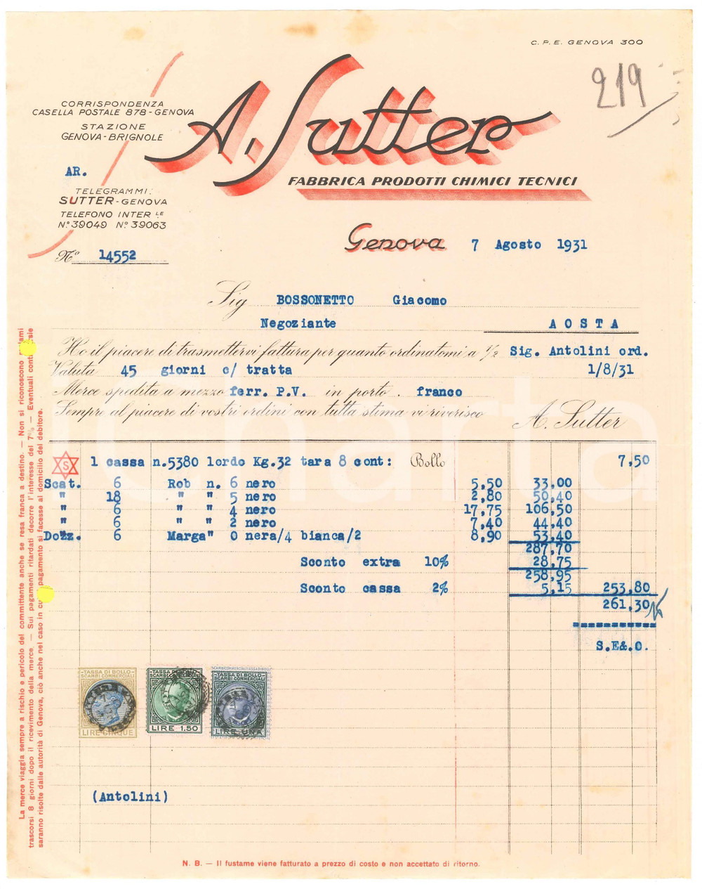 1931 GENOVA - A. SUTTER Fabbrica prodotti chimici tecnici - Fattura (3)